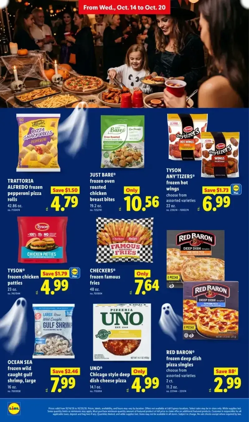 Frozen food specials including pepperoni pizza rolls, roasted chicken breast bites, hot wings, french fries, and wild-caught shrimp.