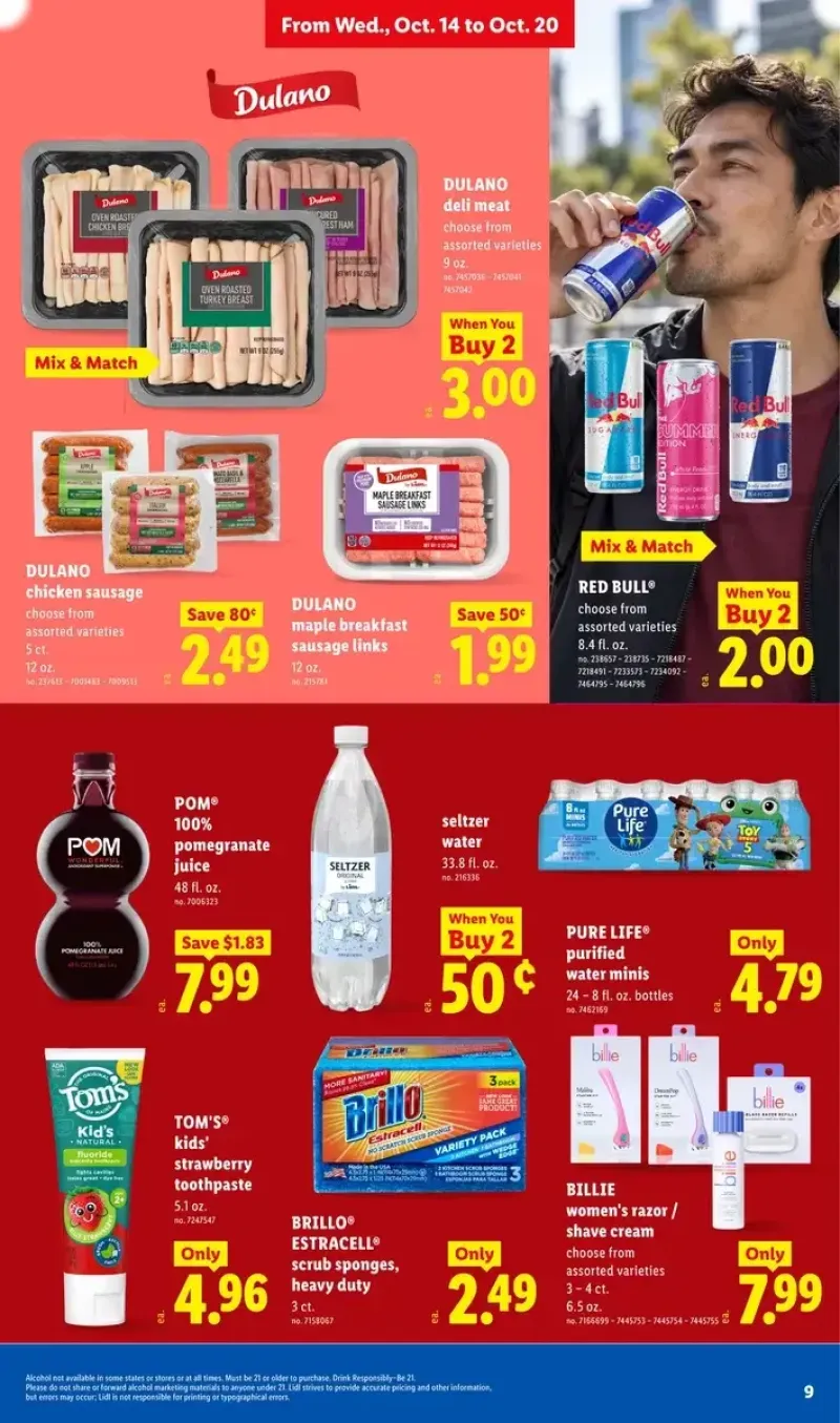 Household and grocery discounts on seltzer water, pomegranate juice, women's razors, breakfast sausage, and kids' toothpaste.
