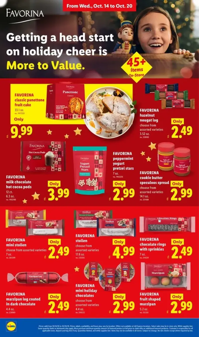 Holiday treats and sweets featuring Favorina classic panettone, hazelnut nougat logs, cookie butter, and hot cocoa pods.