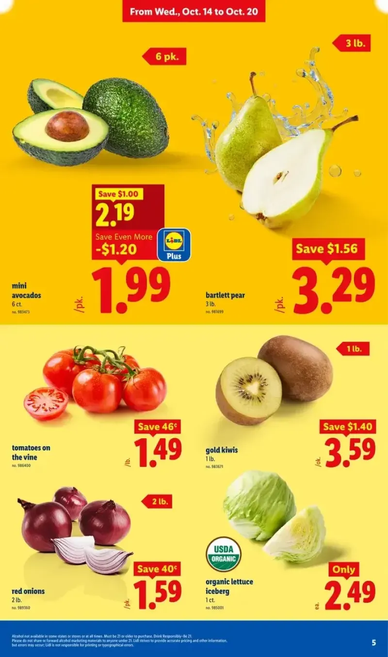 Fresh produce deals featuring mini avocados, Bartlett pears, red onions, organic iceberg lettuce, vine tomatoes, and gold kiwis.