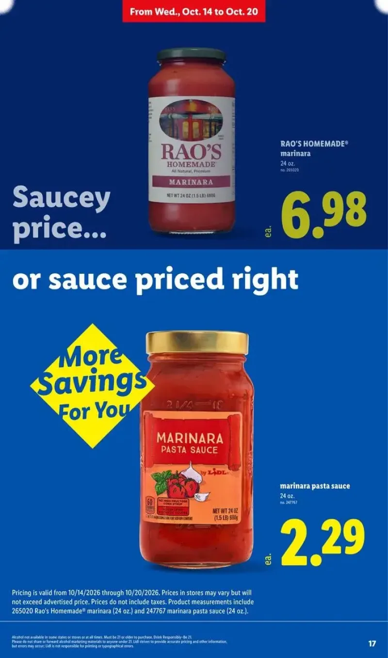 Special promotion on Rao's Homemade Marinara Pasta Sauce with pricing details and store savings information.