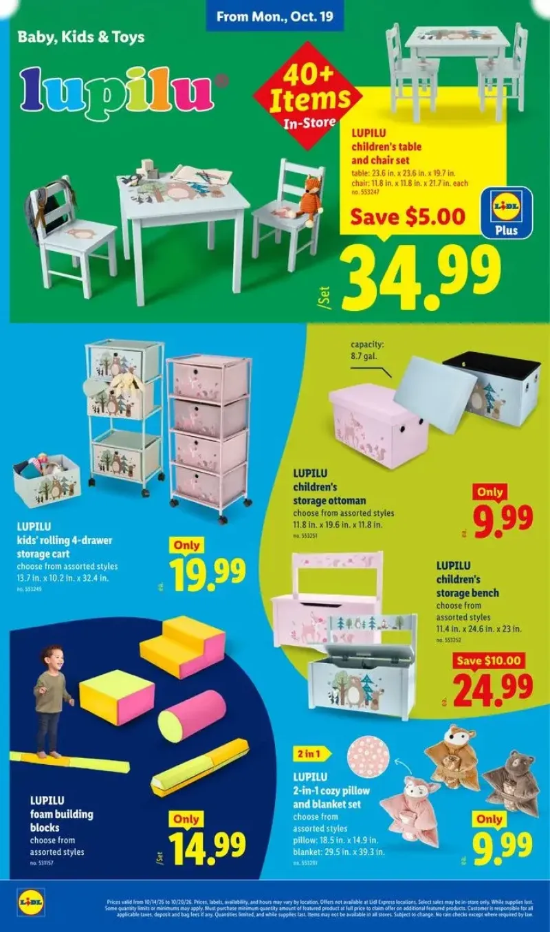 Kids' bedroom and playroom essentials featuring Lupilu cozy pillow blanket sets, storage carts, and foam building blocks.