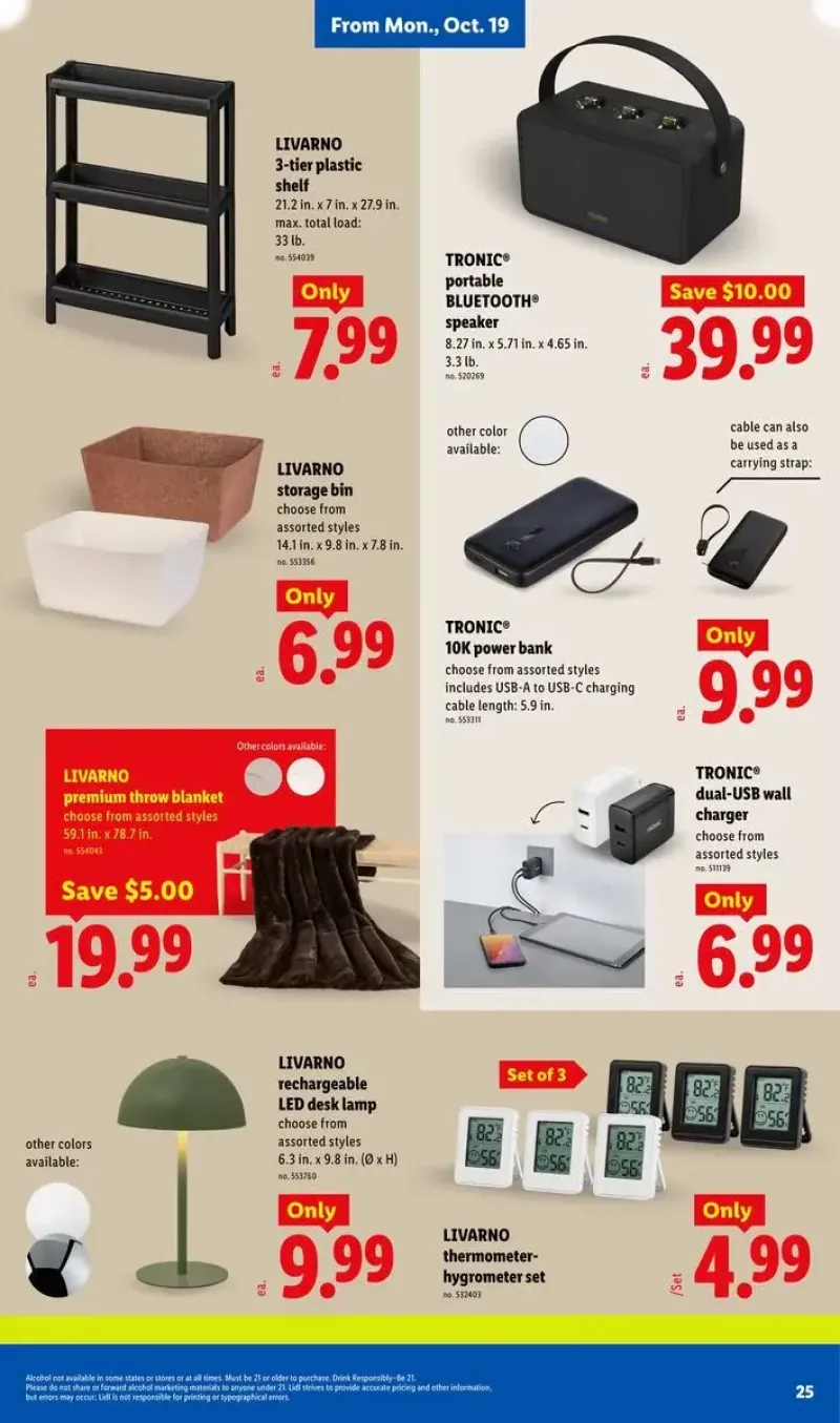 Home organization and tech accessories including 3-tier plastic shelves, power banks, Bluetooth speakers, and LED desk lamps.