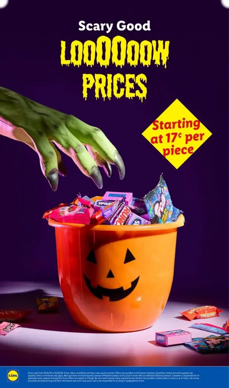 Lidl promotional closing page featuring "Scary Good" low prices and standard store policy disclosures.