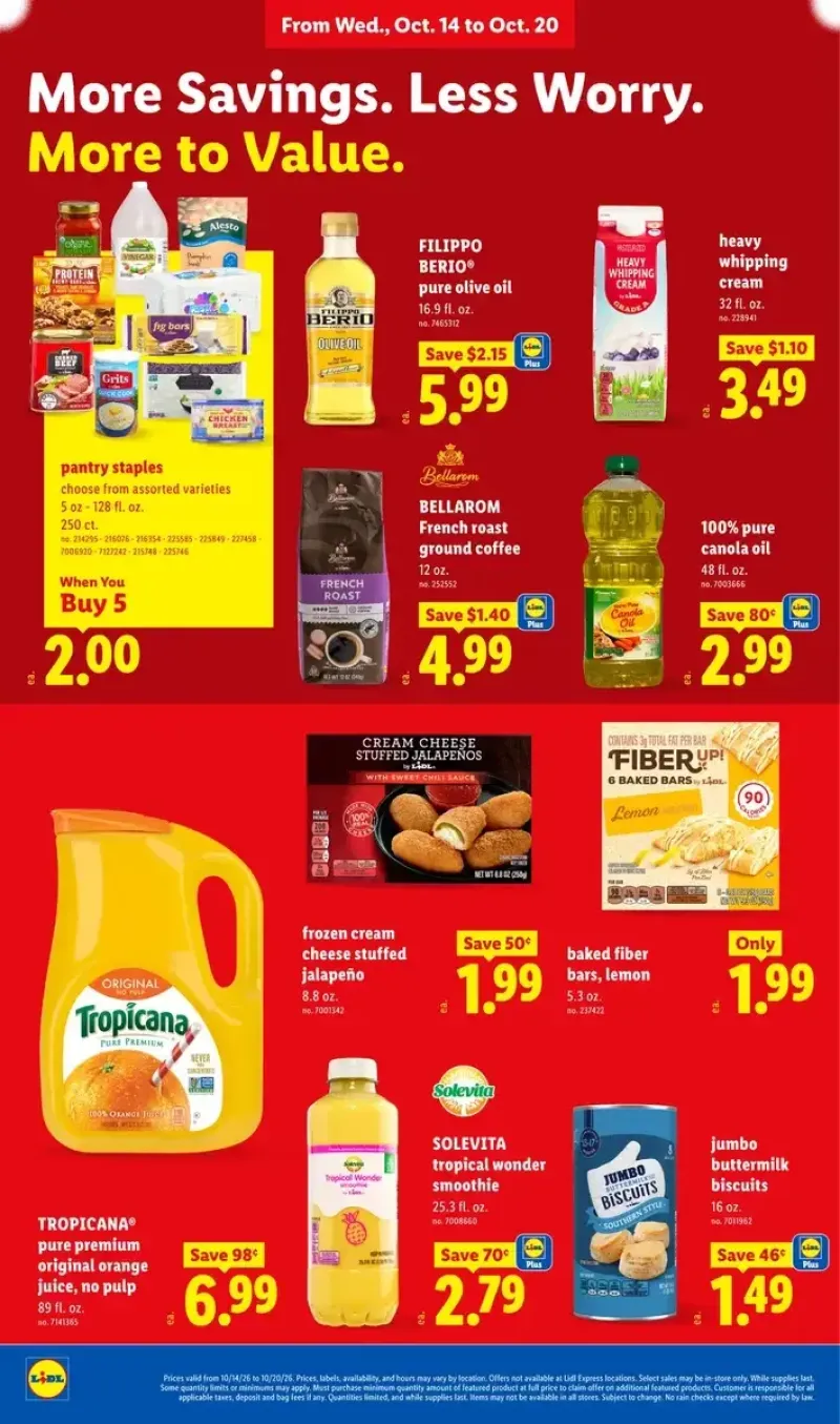 Pantry staples and breakfast essentials including olive oil, whipping cream, biscuits, coffee, orange juice, and frozen snacks.