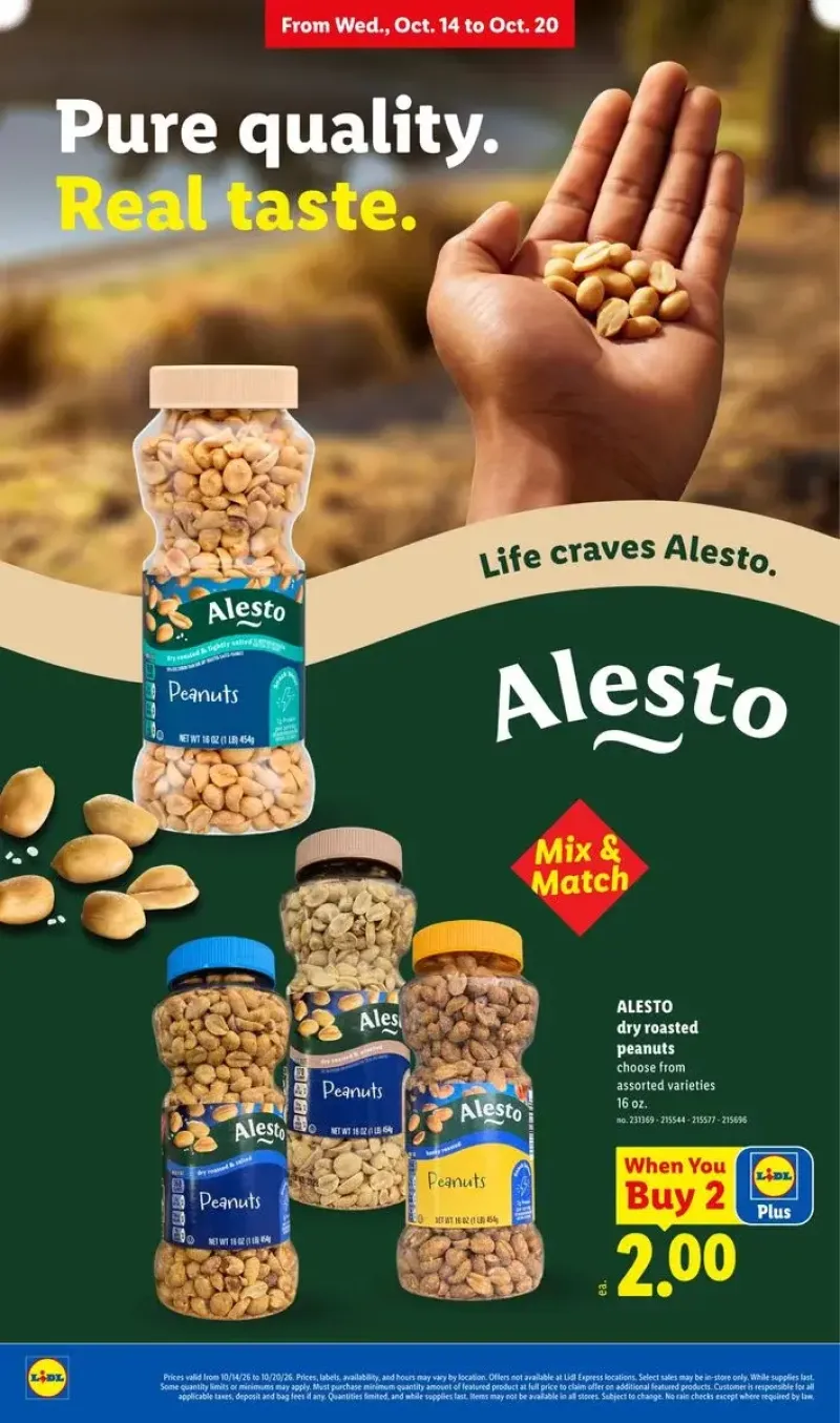 Snack promotion featuring a mix-and-match deal on Alesto dry roasted peanuts and other assorted nuts.