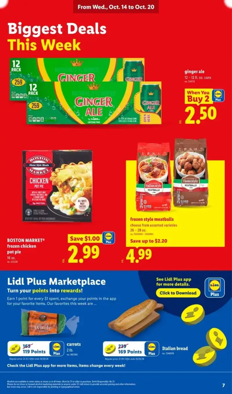 Weekly marketplace deals featuring ginger ale, frozen chicken pot pies, meatballs, Italian bread, and fresh carrots.