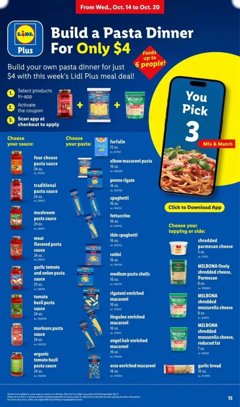 Lidl Meal Deal promotion featuring a mix-and-match offer on pasta, pasta sauce, and shredded cheese to feed a family.