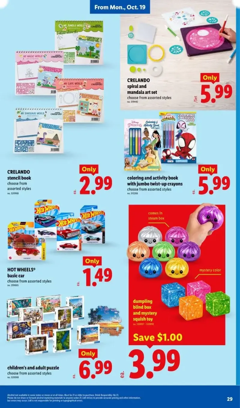 Kids' activities and toys featuring dumpling blind box mystery squish toys, coloring books, crayons, and puzzles.