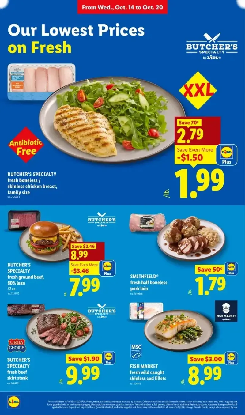 Weekly grocery deals on fresh meats and seafood, including pork loin, ground beef, skirt steak, cod fillets, and chicken breast.