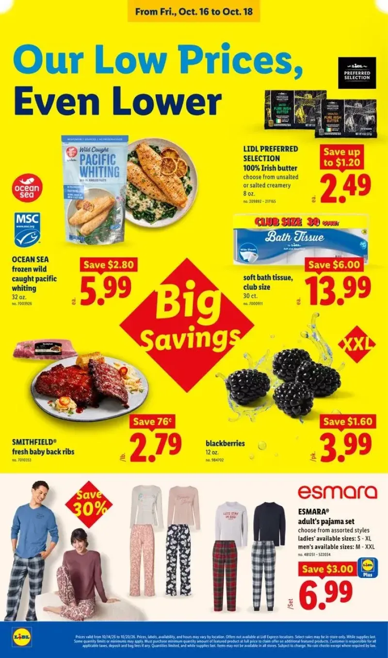 Weekly super savings on Esmara pajamas, bath tissue, Irish butter, wild-caught whiting, and baby back ribs.