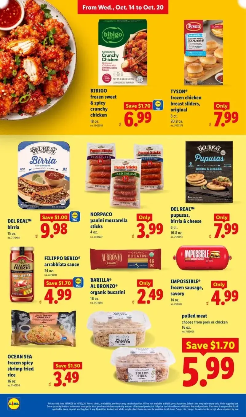 Easy meal solutions featuring frozen chicken sliders, birria, pasta sauce, organic bucatini, and savory sausage.