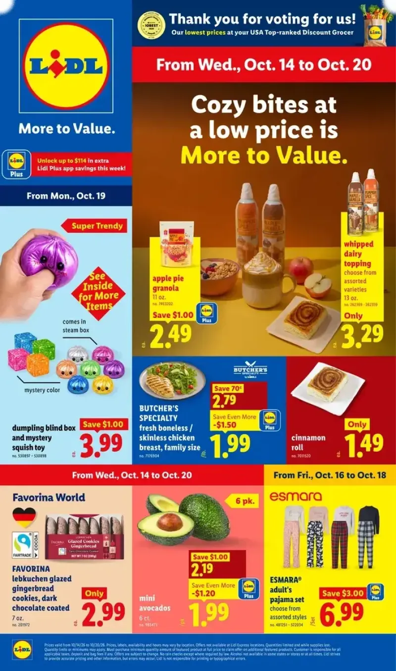 Lidl weekly ad cover featuring discount groceries, bakery items, and mystery toys with app savings highlights.