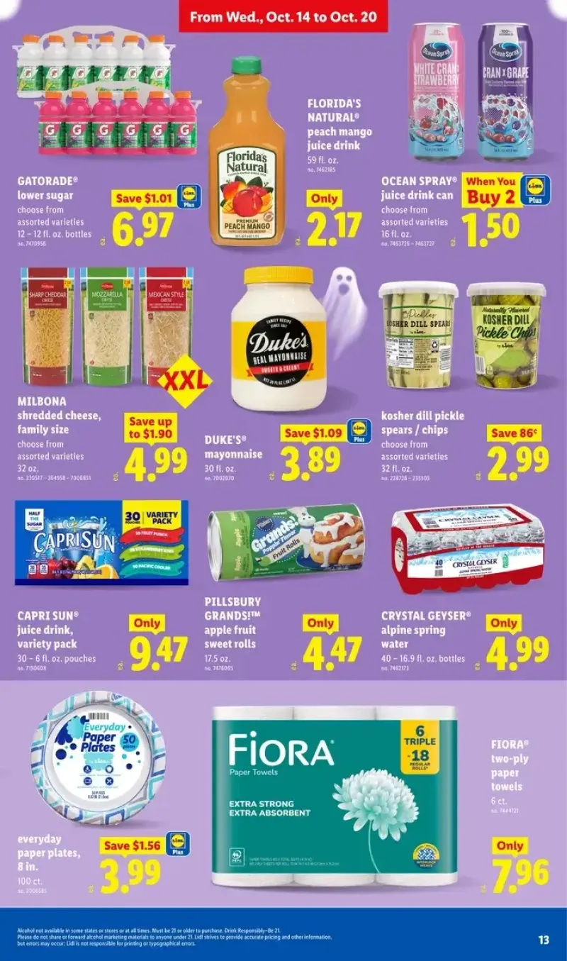 Family-size grocery and household essentials including Gatorade, fruit juice, mayonnaise, paper towels, and shredded cheese.