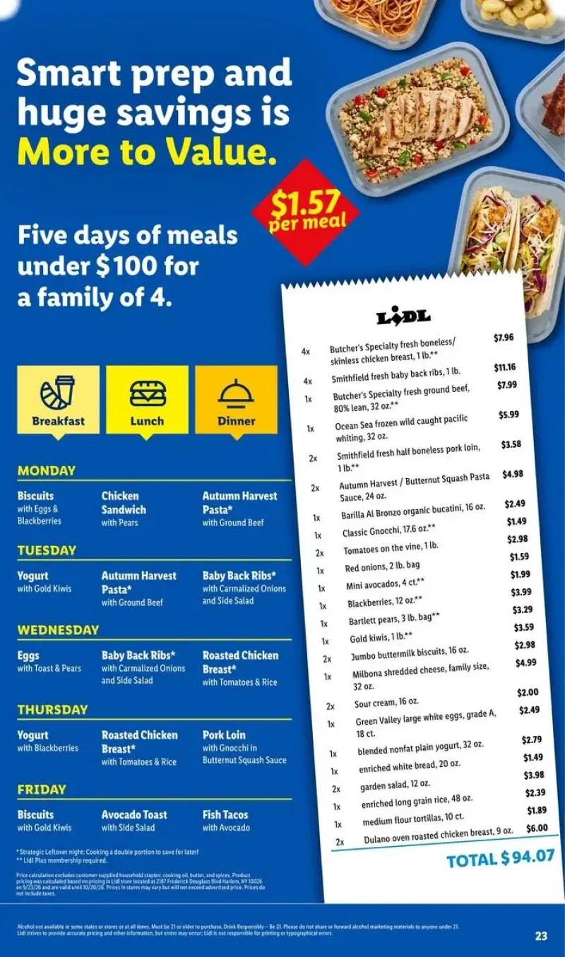Weekly meal planning guide with a Monday-to-Friday recipe schedule using Lidl ingredients to maximize savings.