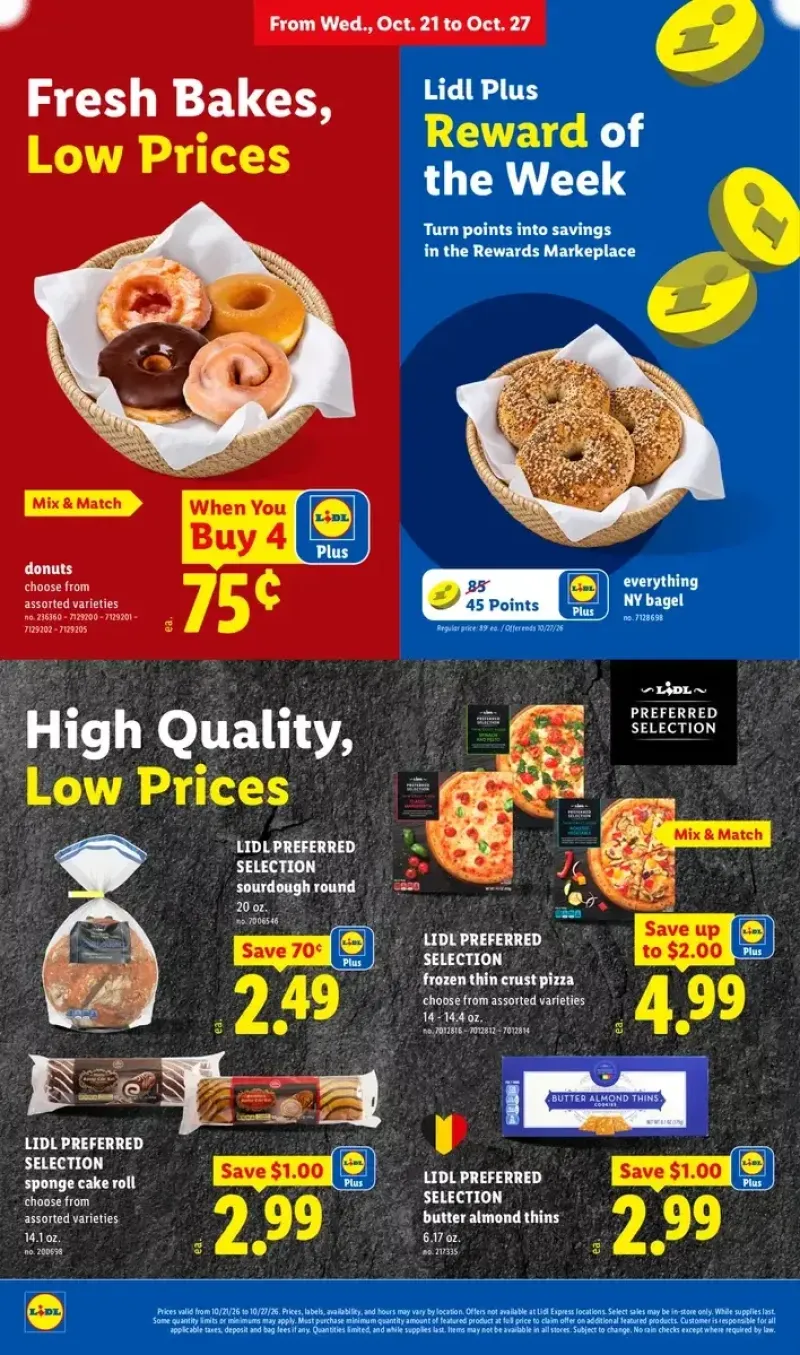 Lidl bakery and frozen section deals featuring donuts, Preferred Selection frozen thin crust pizza, sourdough rounds, and butter almond thins.