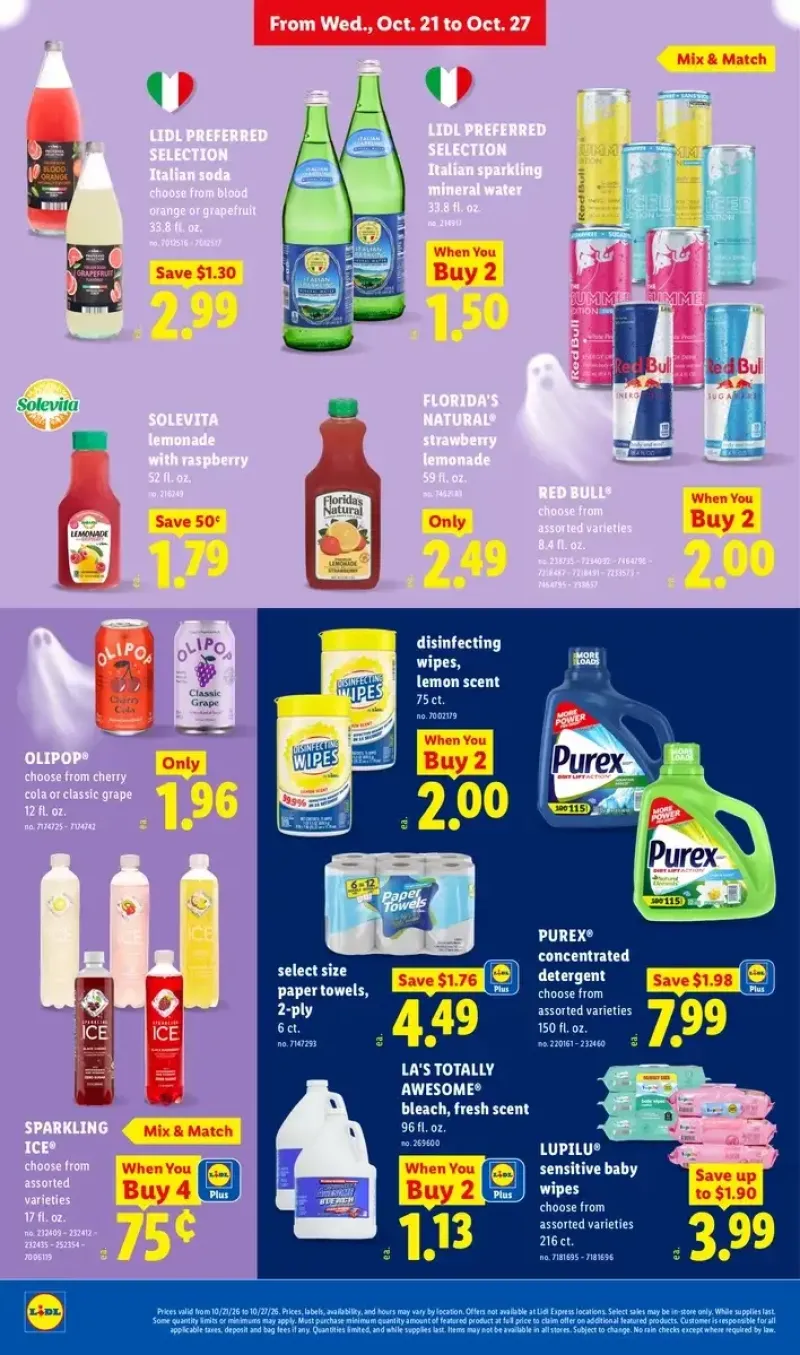 Lidl household and beverage deals featuring XXL Italian sodas, Olipop cherry cola, Purex laundry detergent, and Lupilu baby wipes.