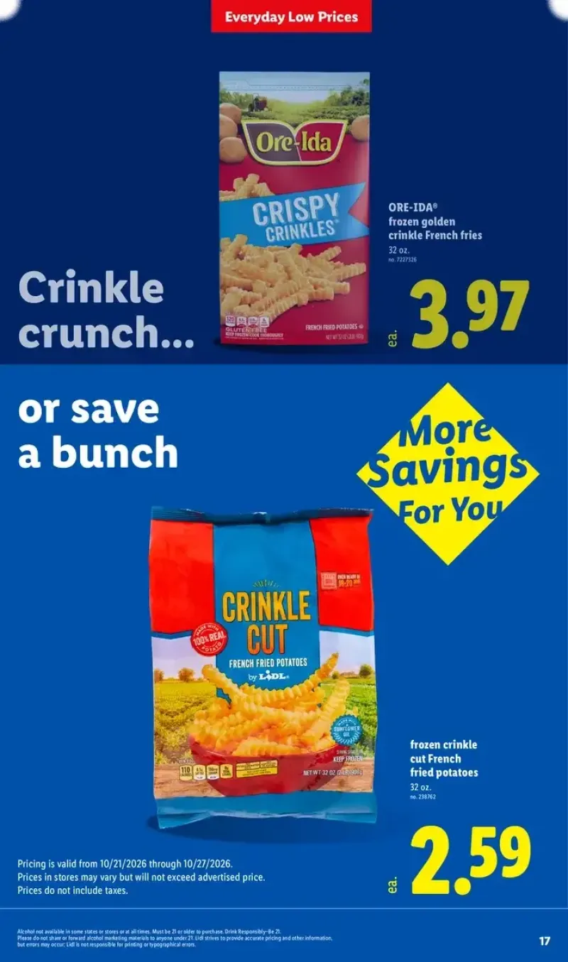 Lidl frozen side dish deals featuring Ore-Ida golden crinkle-cut French fries.
