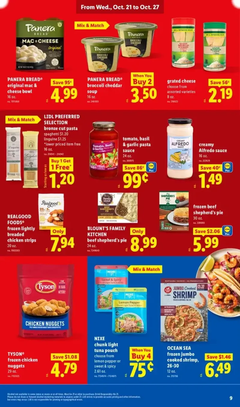 Lidl meal solutions featuring Panera Bread mac and cheese, Ocean Sea frozen jumbo cooked shrimp, Blount Family Kitchen shepherd's pie, and Tyson chicken nuggets.