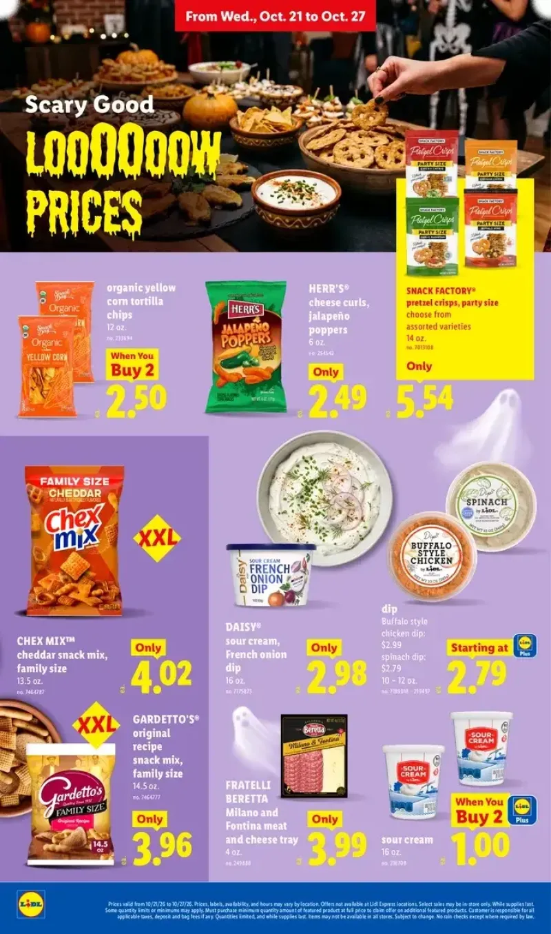Lidl party snack deals featuring Fratelli Beretta meat and cheese trays, Herr's jalapeño popper cheese curls, Daisy sour cream, and Pretzel Crisps.