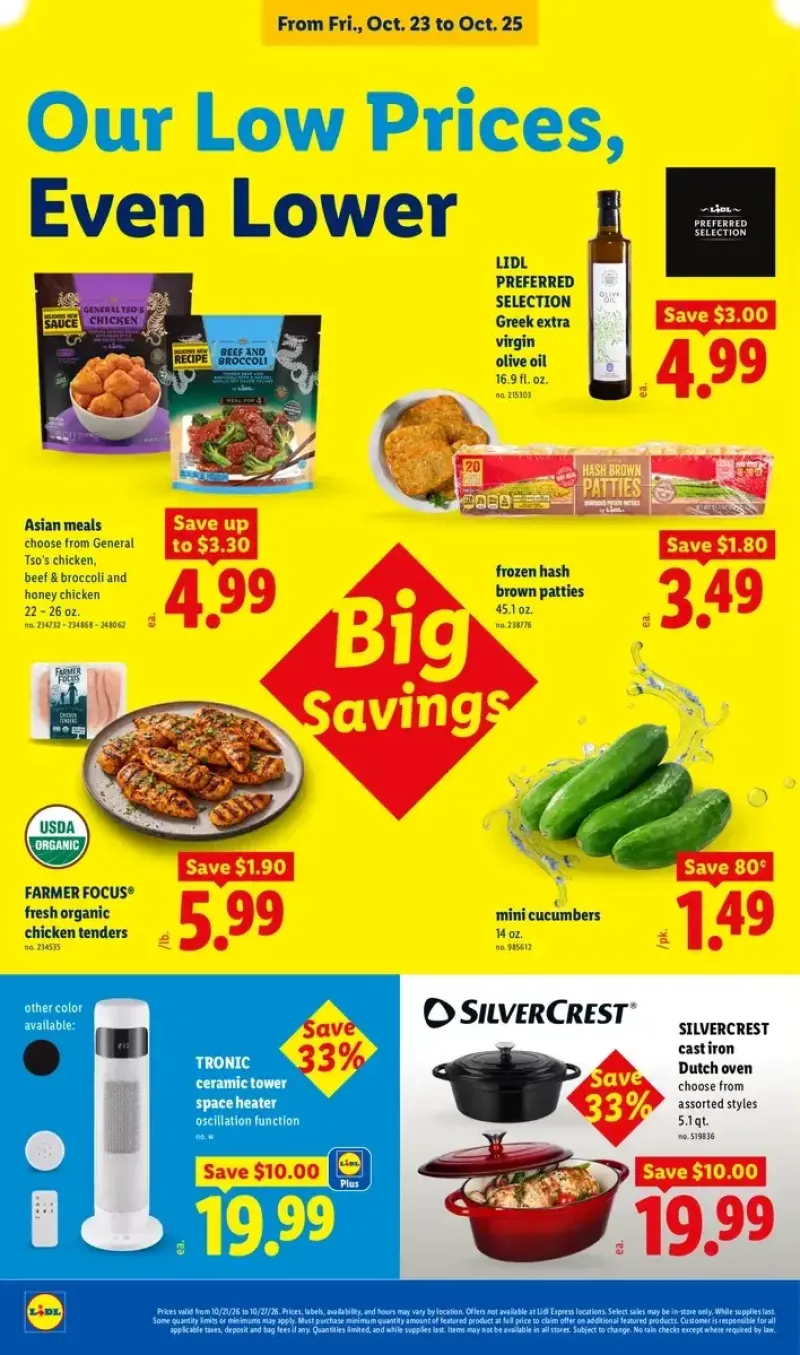 Lidl home and grocery deals featuring Silvercrest cast iron Dutch ovens, Tronic ceramic space heaters, and organic chicken tenders.