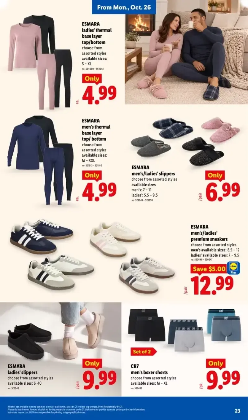 Lidl apparel deals featuring Esmara ladies' slippers, CR7 men's boxer shorts, premium sneakers, and thermal base layers.