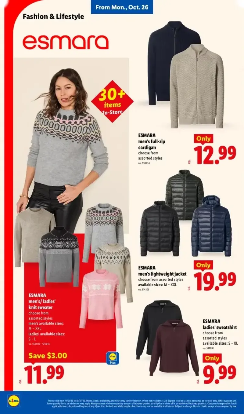 Lidl fashion and lifestyle section featuring Esmara ladies' knit sweaters, lightweight jackets, and men's sweatshirts.