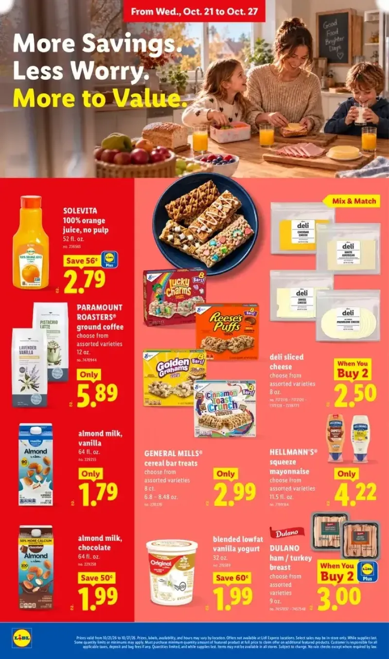 Lidl grocery deals featuring blended lowfat vanilla yogurt, General Mills cereal bars, Paramount Roasters ground coffee, and deli sliced meats and cheeses.