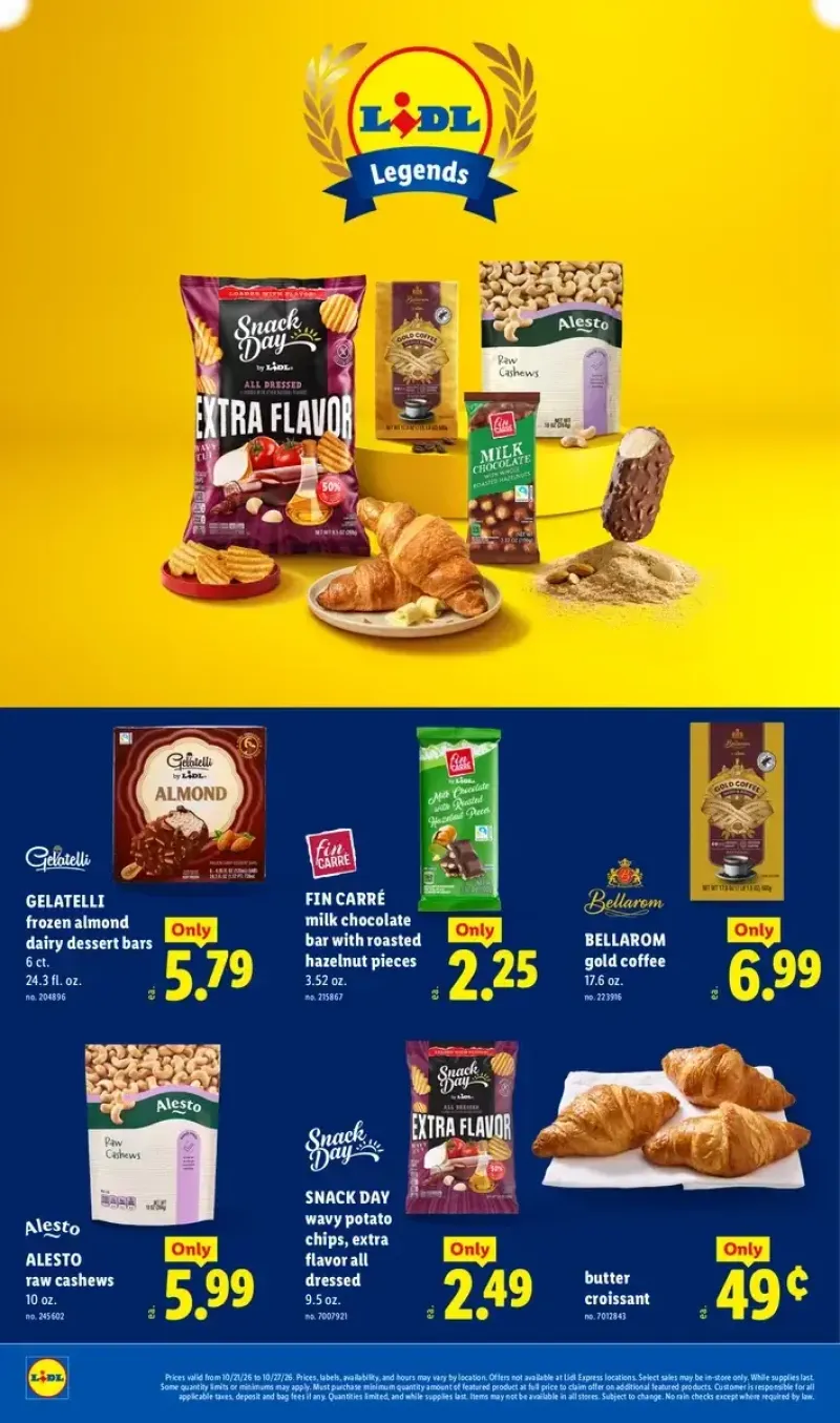 Lidl everyday low-price items featuring butter croissants, Bellarom Gold coffee, Snack Day potato chips, and Fin Carré milk chocolate bars.