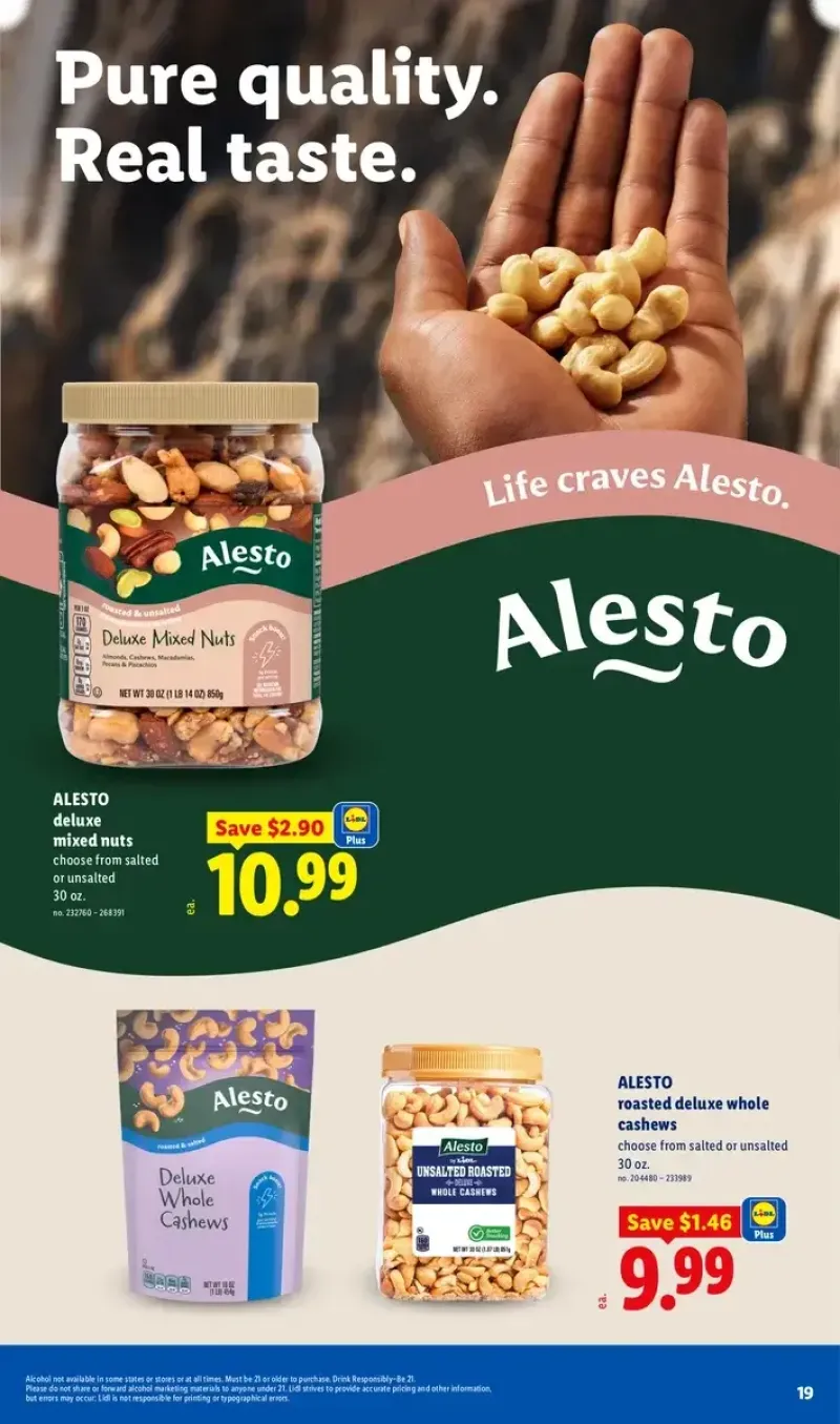 Lidl snack deals featuring Alesto deluxe mixed nuts and roasted cashews.