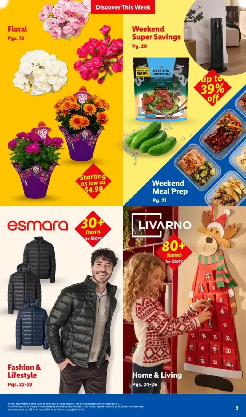 Lidl flyer page featuring weekend meal prep ideas, floral arrangements, home and living products, and fashion lifestyle items.