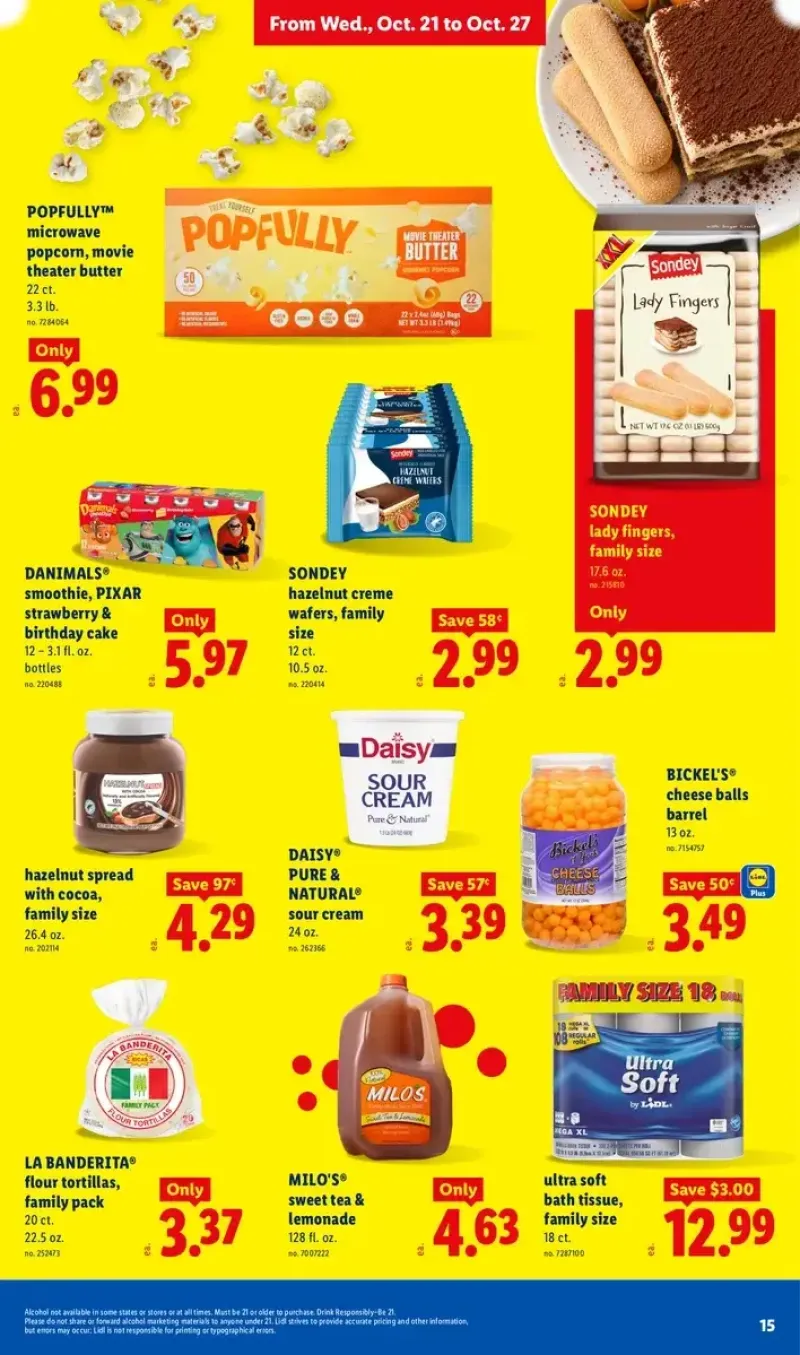 Lidl snack and pantry deals featuring Danimals smoothies, Sondey hazelnut wafers, Popfully microwave popcorn, and Daisy sour cream.