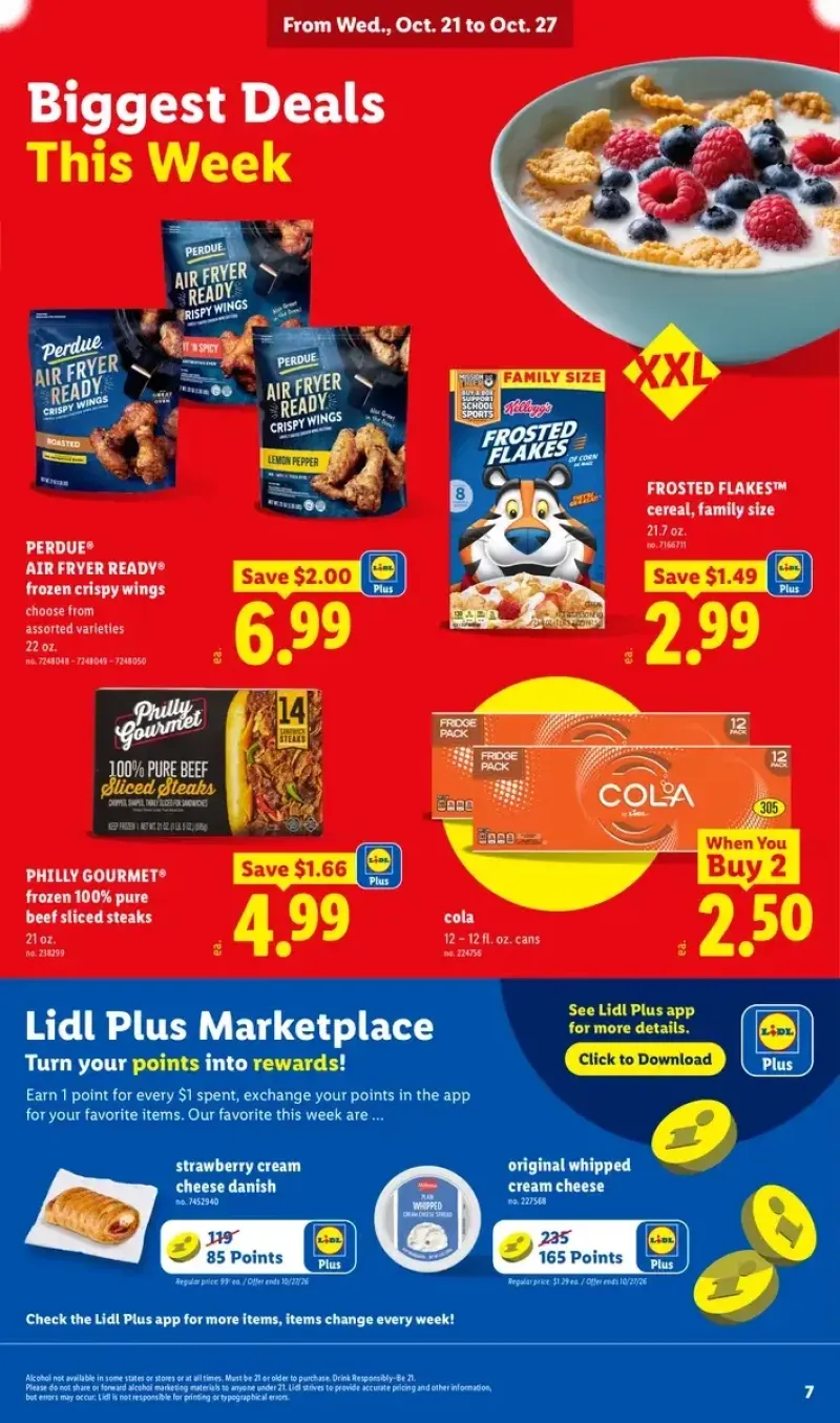 Lidl app promotion highlighting weekly deals on Frosted Flakes, Perdue chicken wings, Philly Gourmet beef sliced steaks, and strawberry cream cheese danishes.