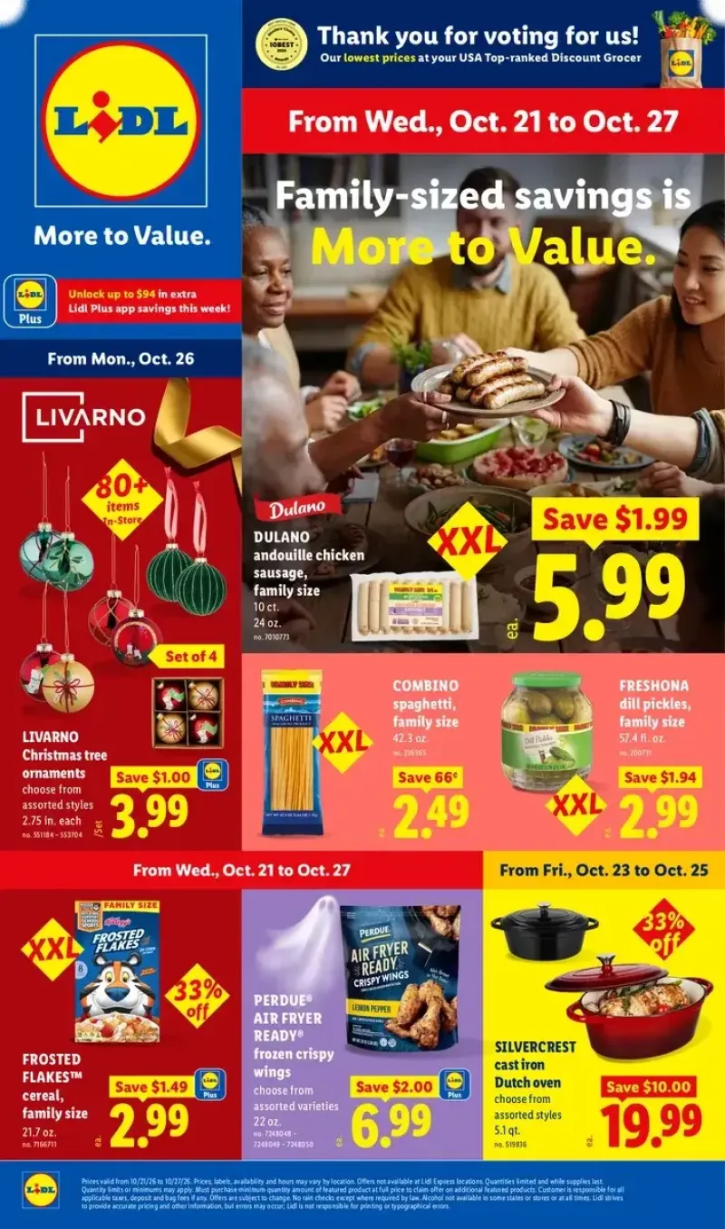 Lidl weekly flyer cover featuring family-sized savings on Dulano chicken sausage, Frosted Flakes, Perdue chicken wings, and Livarno Christmas ornaments.