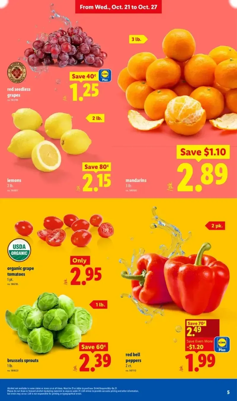 Lidl fresh produce deals featuring red bell peppers, organic grape tomatoes, Brussels sprouts, mandarins, lemons, and seedless grapes.