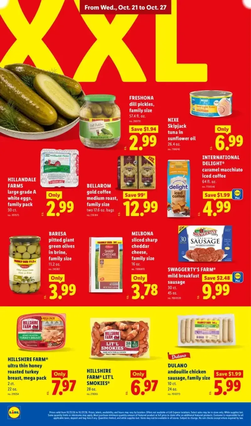 Lidl XXL grocery deals featuring Bellarom Gold coffee, Hillandale Farms large eggs, Hillshire Farm turkey breast, and Milbona sliced cheddar cheese.