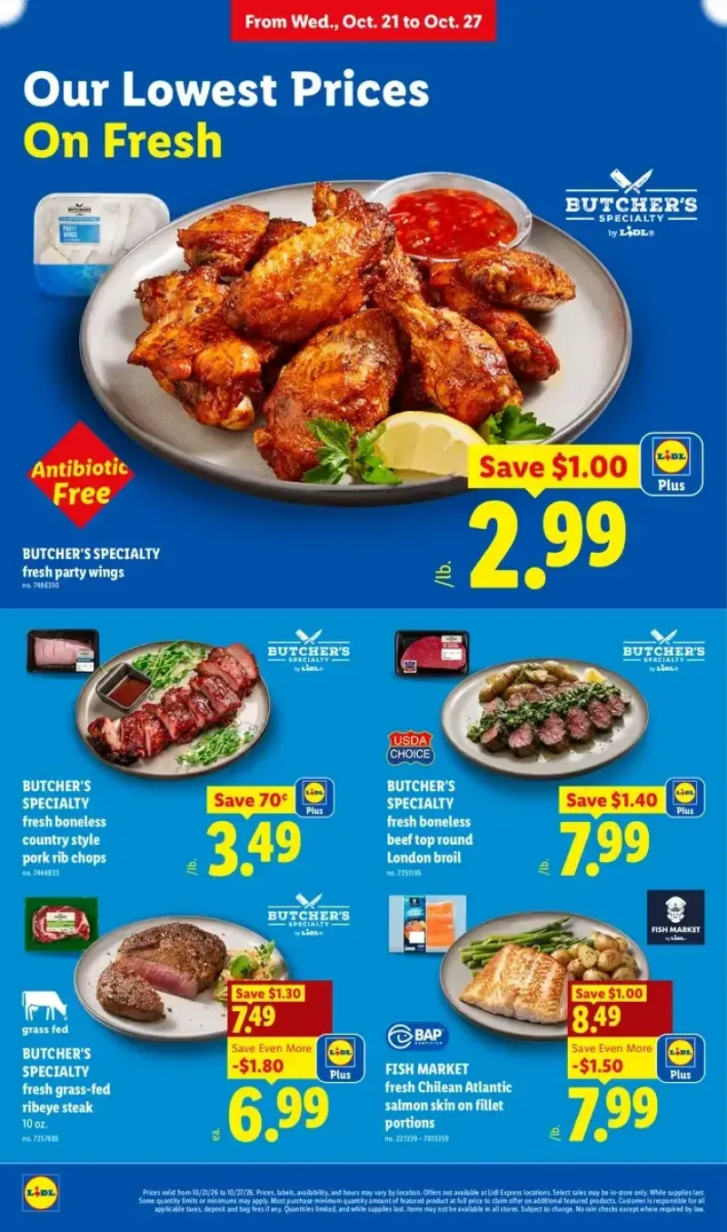 Lidl butcher and fish market specials featuring boneless beef top round, country-style pork ribs, grass-fed ribeye steak, and Chilean Atlantic salmon.