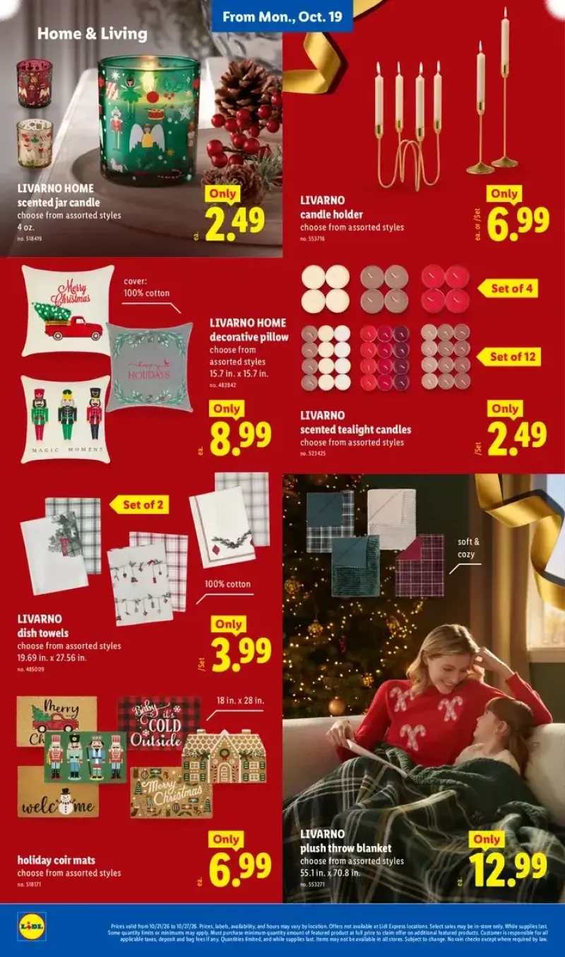 Lidl home comfort deals featuring Livarno Home scented jar candles, decorative holiday pillows, plush throw blankets, and holiday coir doormats.