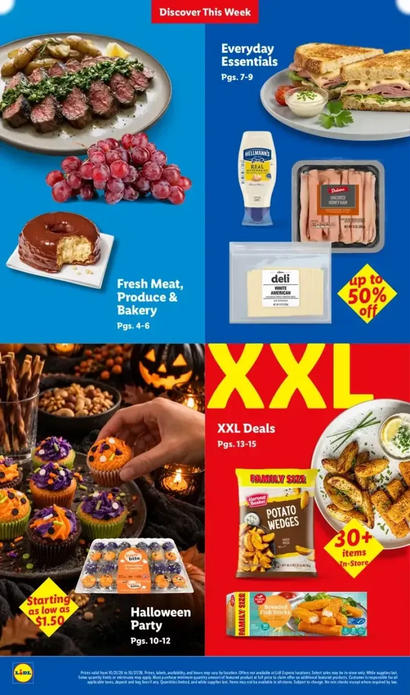 Lidl promotional page highlighting XXL deals, fresh meat, produce, bakery items, and Halloween party essentials starting at low prices.