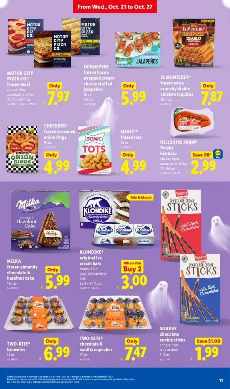 Lidl frozen food and dessert deals featuring Motor City Pizza, Hillshire Farm smoked sausage, Sonic tots, and Klondike ice cream bars.