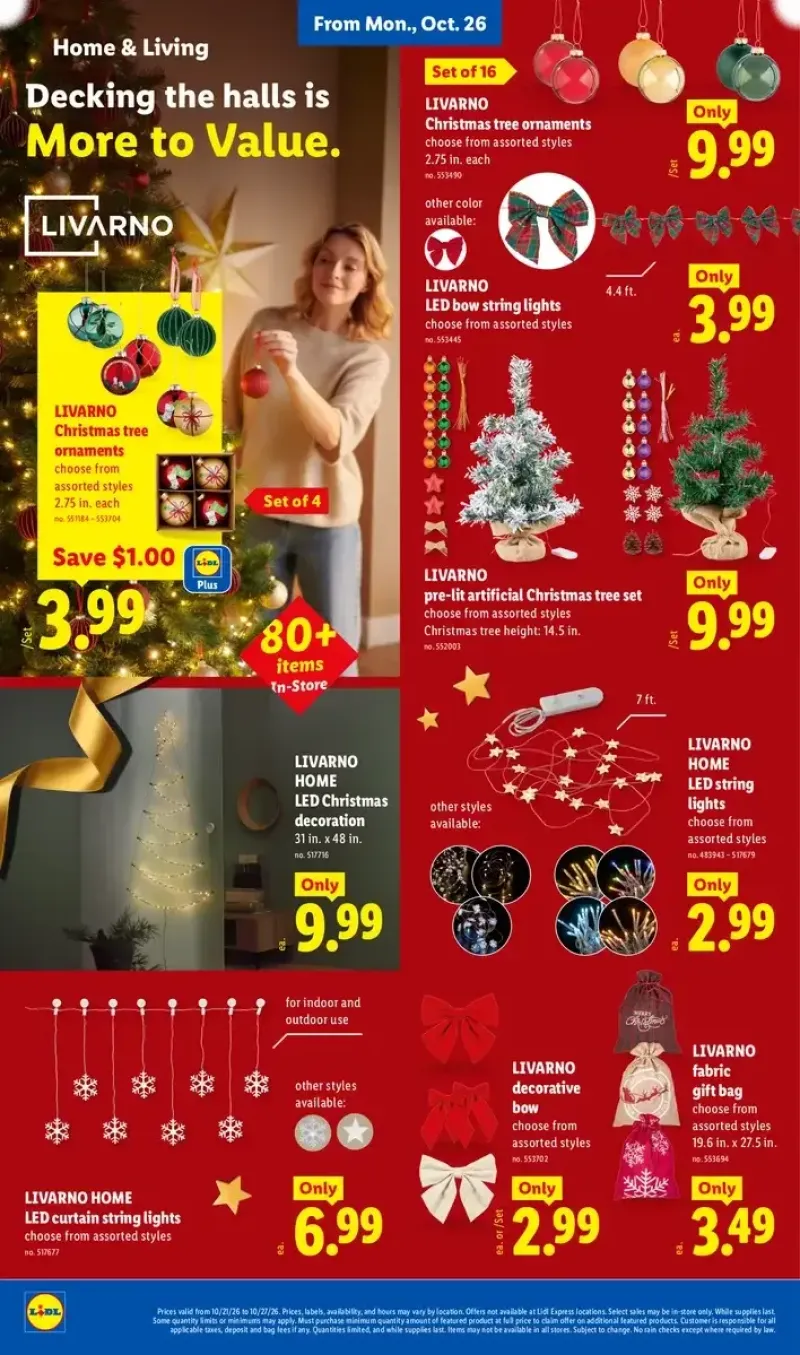 Lidl holiday decorating deals featuring Livarno LED bow string lights, pre-lit artificial Christmas trees, and fabric gift bags.
