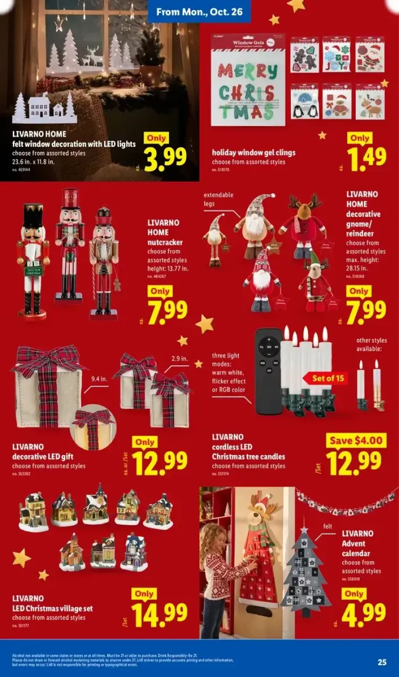 Lidl Christmas decor deals featuring Livarno Home felt window decorations, nutcracker figures, cordless tree candles, and advent calendars.