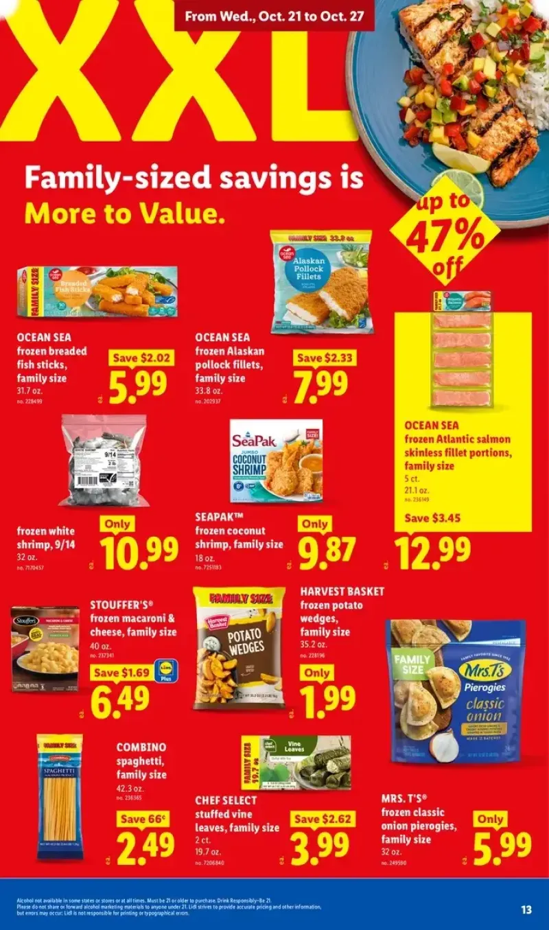 Lidl XXL family-sized savings on Ocean Sea frozen breaded fish sticks, Stouffer's macaroni and cheese, and Atlantic salmon fillets.