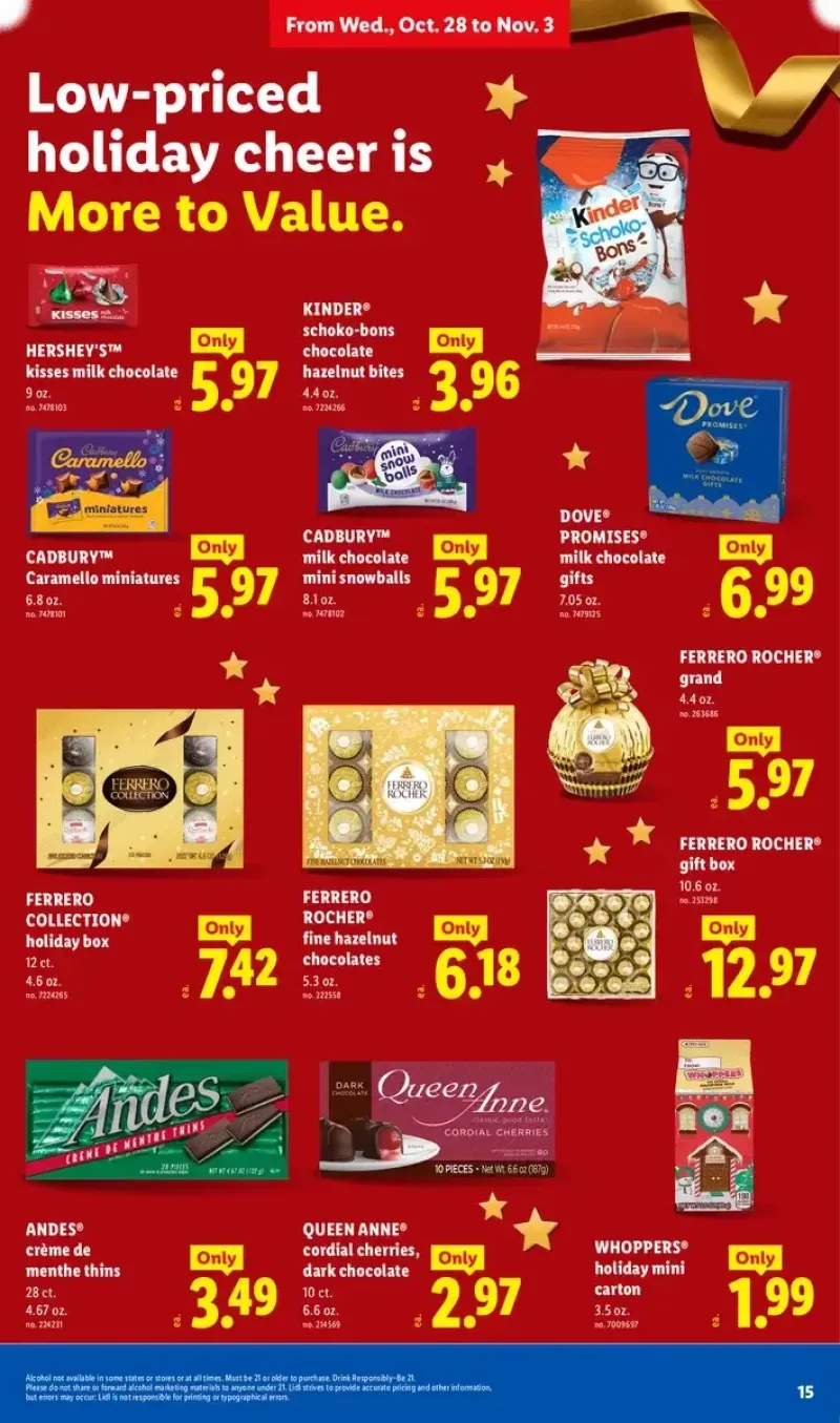 Lidl holiday chocolate and candy gifts featuring fruit and nut cake, Hershey's Kisses, Dove Promises, Ferrero Rocher, and Kinder Schoko-Bons.