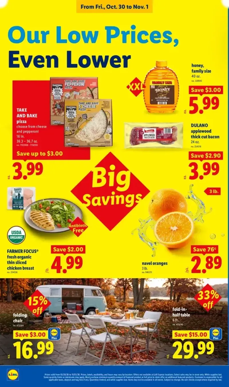 Lidl weekly deals featuring folding furniture, thick-cut bacon, frozen pizza, navel oranges, and organic chicken breast.