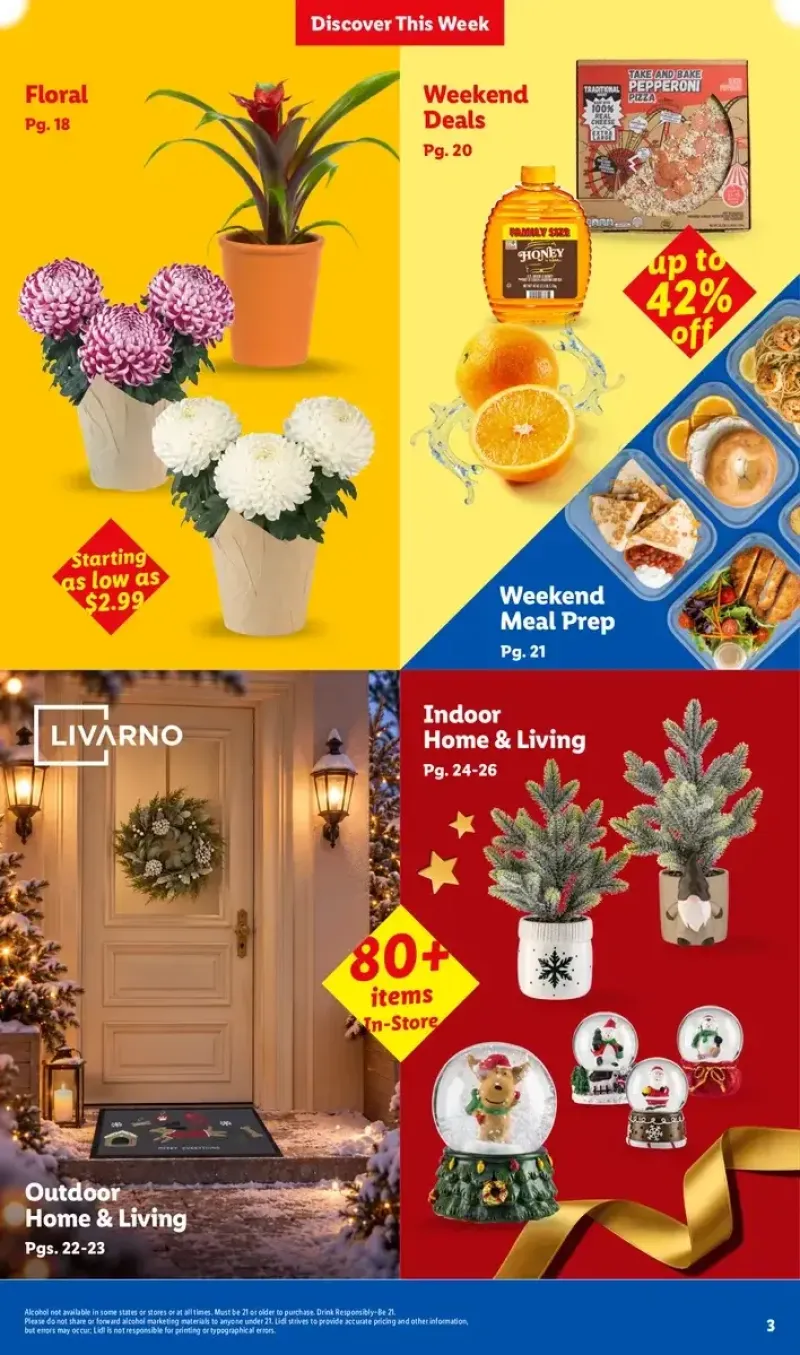 Lidl weekly flyer section index featuring floral, indoor home and living, outdoor, and meal prep deals.
