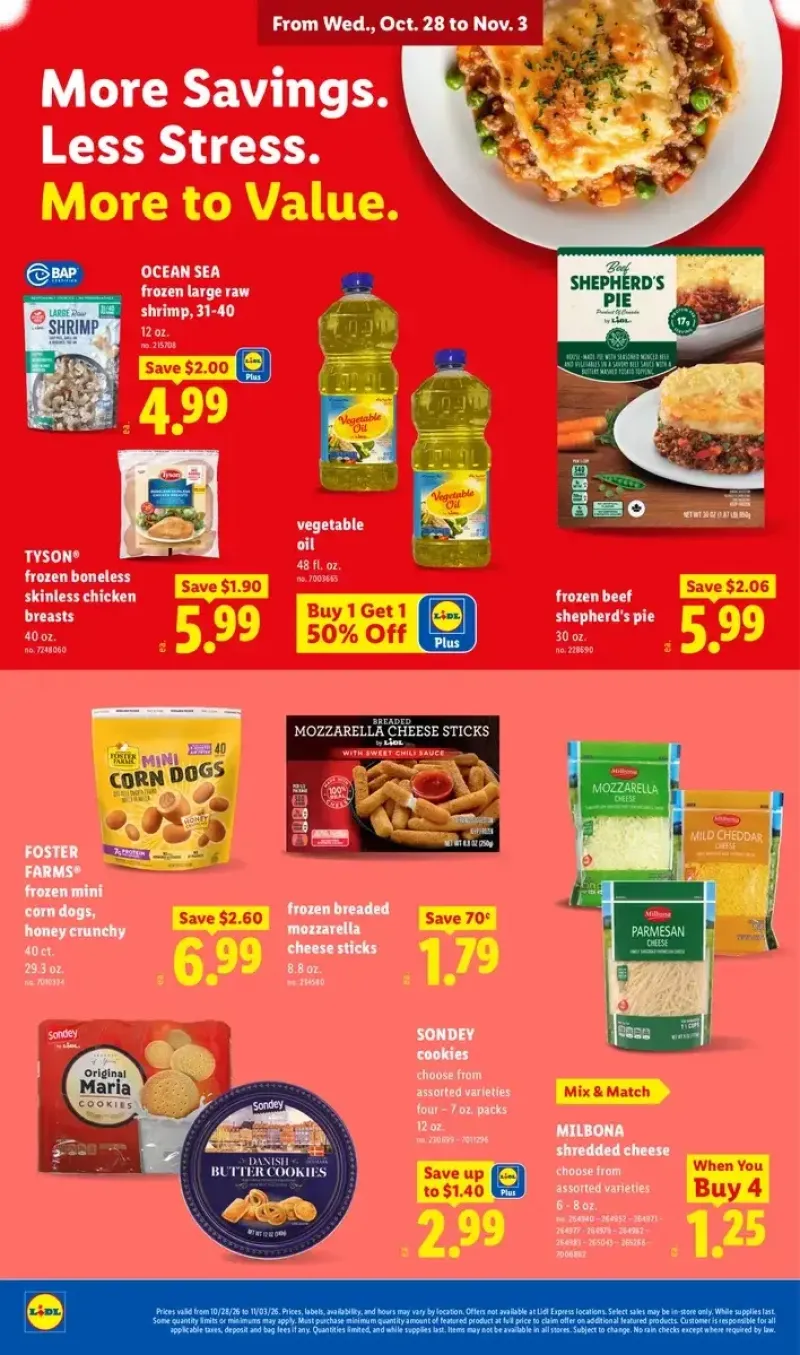 Lidl frozen food and grocery deals featuring raw shrimp, chicken breasts, mini corn dogs, shredded cheese, cookies, shepherd's pie, and mozzarella sticks.