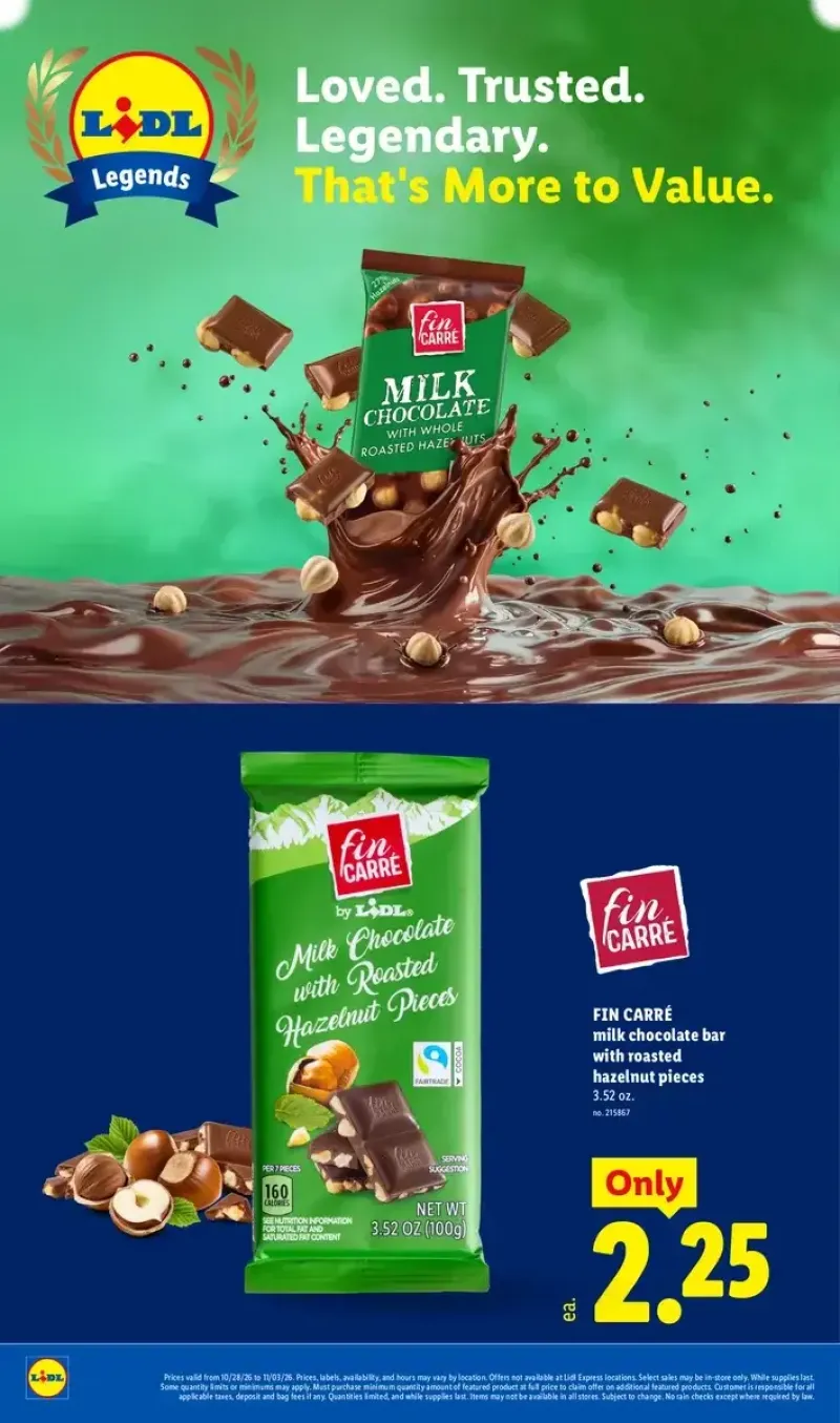 Lidl chocolate deals featuring Fin Carré milk chocolate bars with roasted hazelnut pieces.