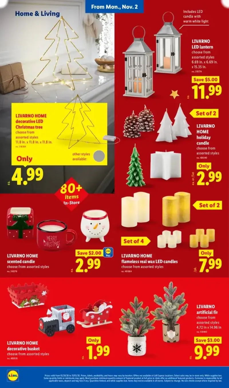 Lidl home and holiday decor featuring LED lanterns, flameless real wax candles, scented candles, and decorative artificial fir baskets.