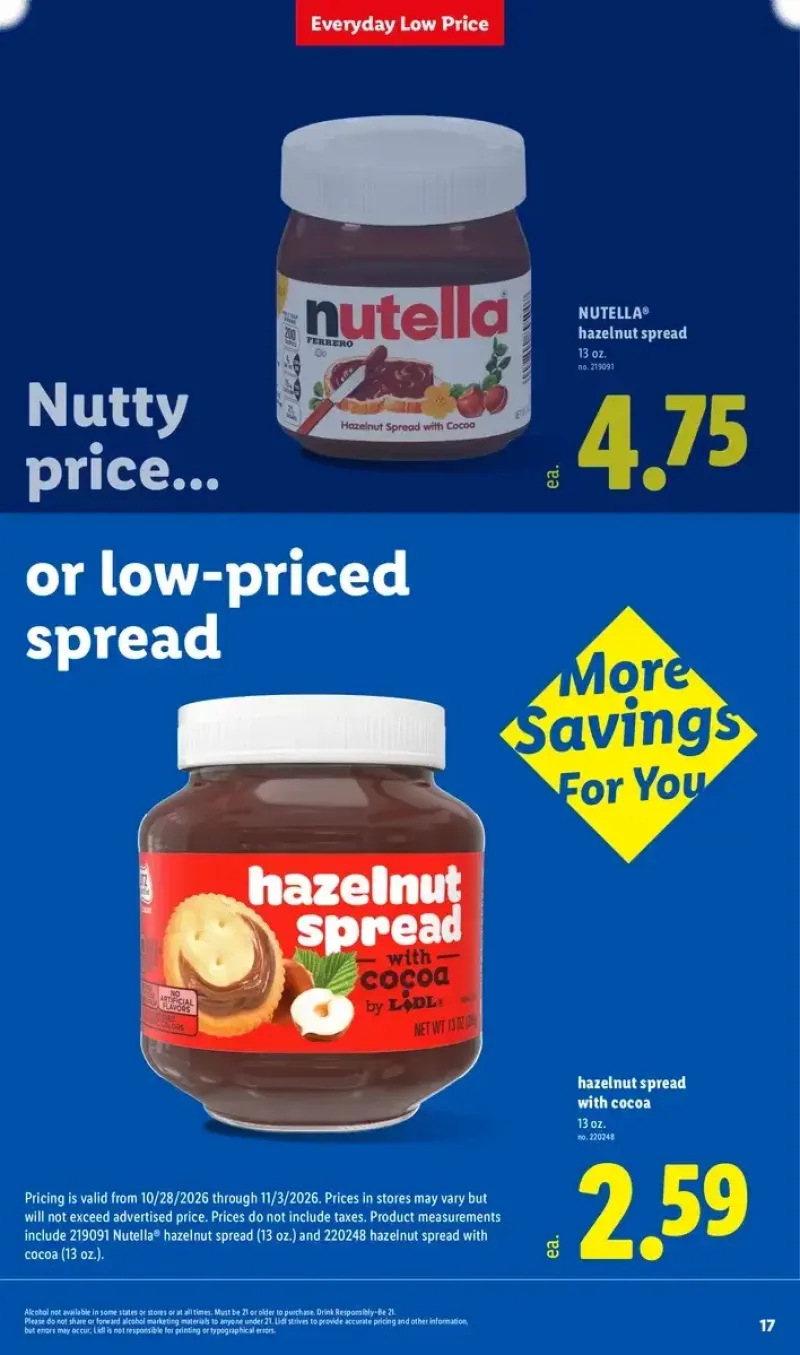 Lidl everyday low price promotion featuring Nutella hazelnut spread.